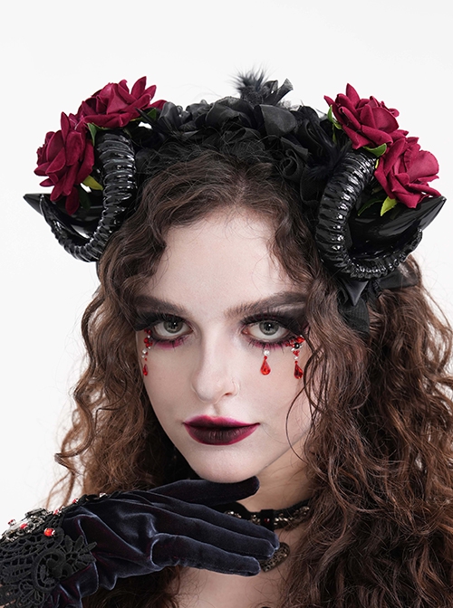 Halloween Black Devil Horns With Red Flowers Gothic Style Dark Headband Headdress