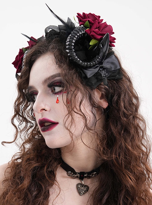Halloween Black Devil Horns With Red Flowers Gothic Style Dark Headband Headdress