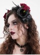 Halloween Black Devil Horns With Red Flowers Gothic Style Dark Headband Headdress