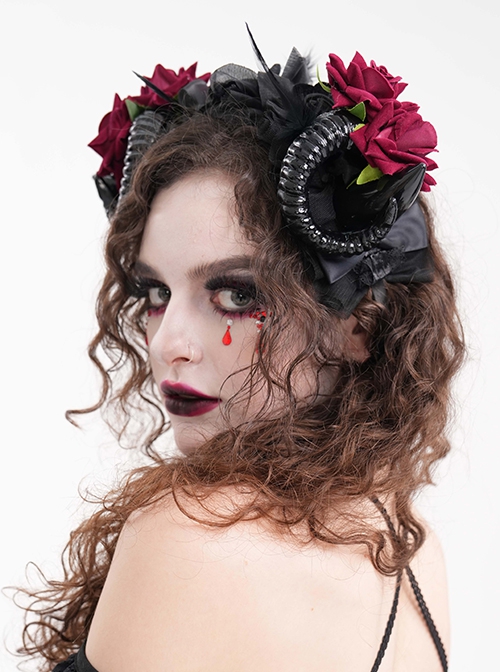 Halloween Black Devil Horns With Red Flowers Gothic Style Dark Headband Headdress