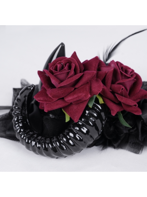 Halloween Black Devil Horns With Red Flowers Gothic Style Dark Headband Headdress
