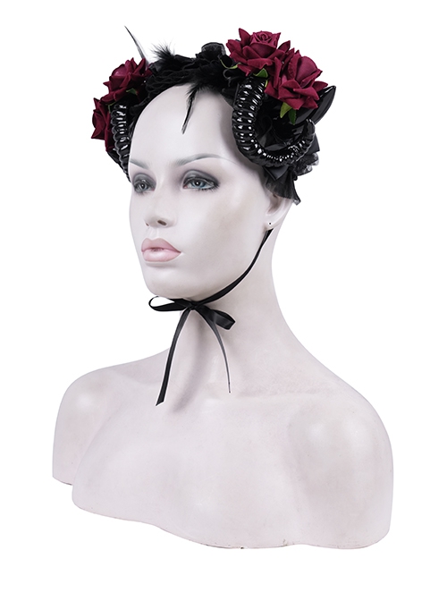 Halloween Black Devil Horns With Red Flowers Gothic Style Dark Headband Headdress