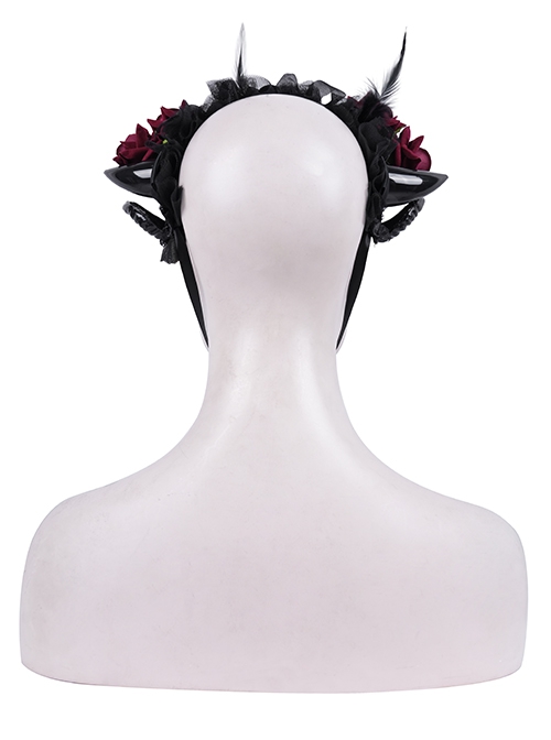 Halloween Black Devil Horns With Red Flowers Gothic Style Dark Headband Headdress