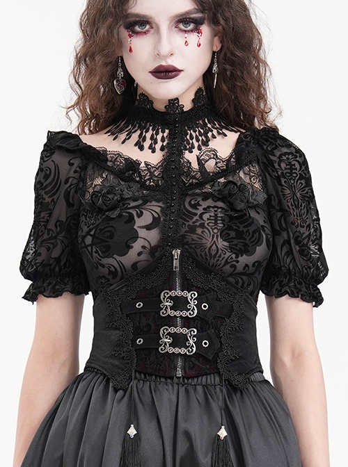 Black Palace Retro With Embroidery Lace Decoration Gothic Style Adjustable Gorgeous Waist Seal