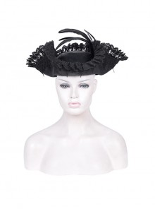 Personalized Black Lace Ruffles With Feather Decoration Gothic Pirate Tricorn Hat
