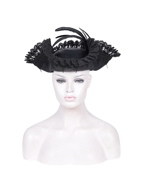 Personalized Black Lace Ruffles With Feather Decoration Gothic Pirate Tricorn Hat