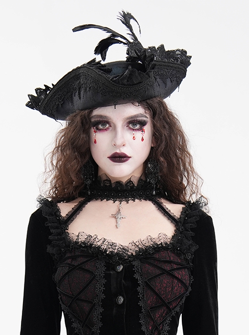Personalized Black Lace Ruffles With Feather Decoration Gothic Pirate Tricorn Hat