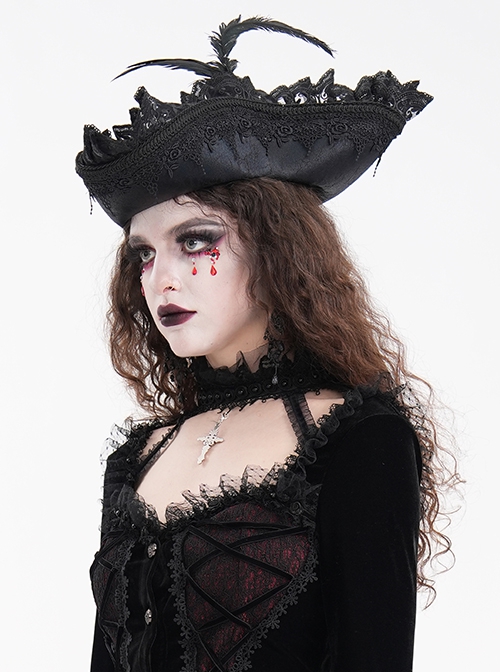 Personalized Black Lace Ruffles With Feather Decoration Gothic Pirate Tricorn Hat