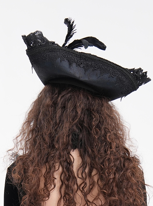 Personalized Black Lace Ruffles With Feather Decoration Gothic Pirate Tricorn Hat
