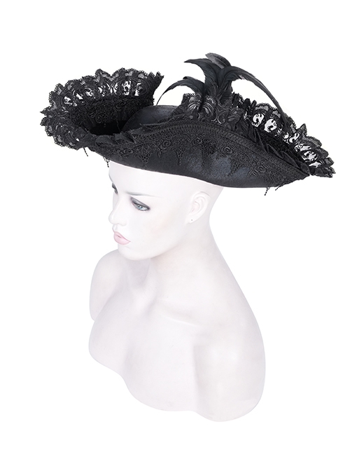 Personalized Black Lace Ruffles With Feather Decoration Gothic Pirate Tricorn Hat