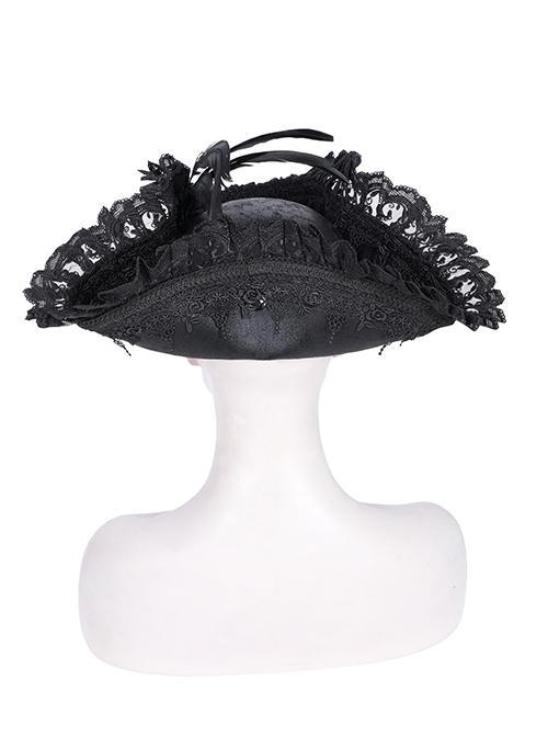 Personalized Black Lace Ruffles With Feather Decoration Gothic Pirate Tricorn Hat