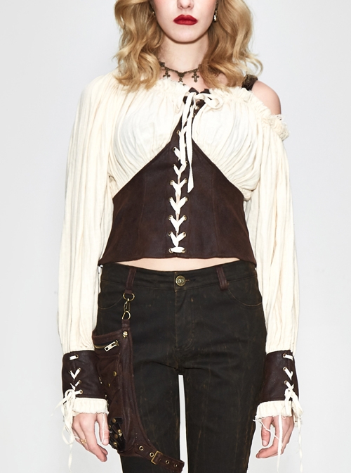 Vintage asymmetrical halter neck off-shoulder lace-up cuff creamy white vintage punk blouse