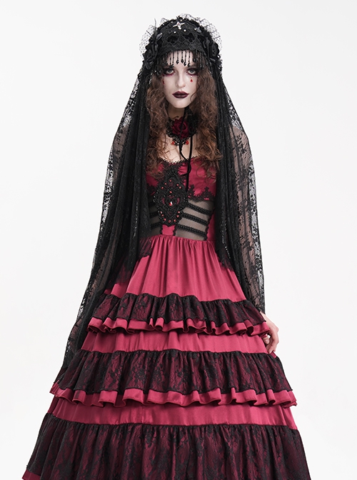Halloween Black Long Lace Front Glass Pendant Decoration Gothic Style Lace Veil