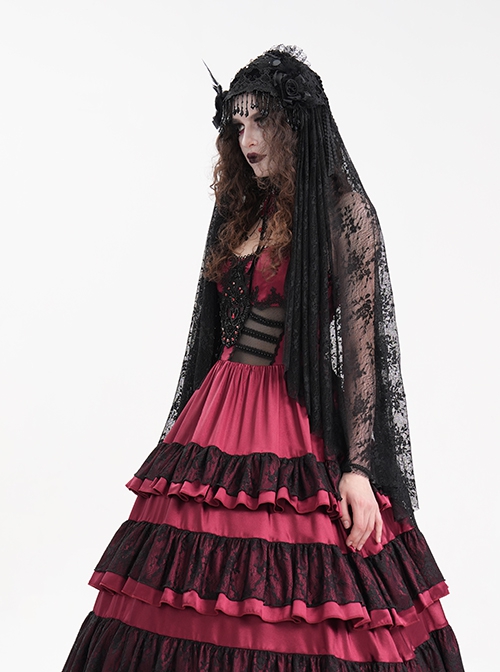 Halloween Black Long Lace Front Glass Pendant Decoration Gothic Style Lace Veil