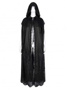 Dark Black Long Lace Mesh Lace With Hollow Mesh Hem Punk Style Cloak