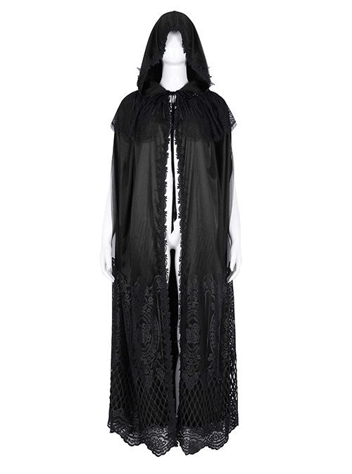 Dark Black Long Lace Mesh Lace With Hollow Mesh Hem Punk Style Cloak