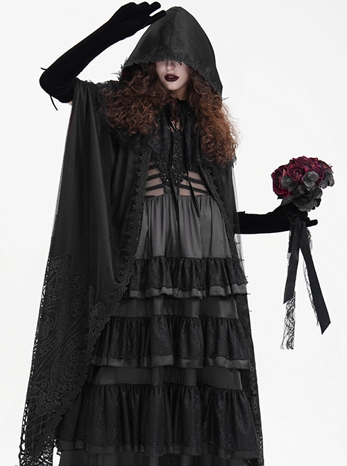 Dark Black Long Lace Mesh Lace With Hollow Mesh Hem Punk Style Cloak