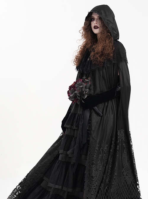 Dark Black Long Lace Mesh Lace With Hollow Mesh Hem Punk Style Cloak