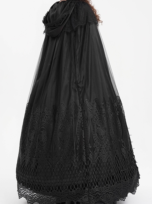Dark Black Long Lace Mesh Lace With Hollow Mesh Hem Punk Style Cloak