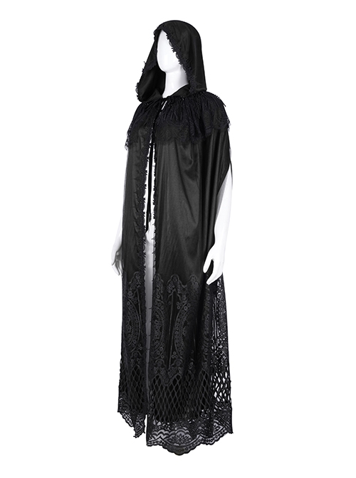Dark Black Long Lace Mesh Lace With Hollow Mesh Hem Punk Style Cloak