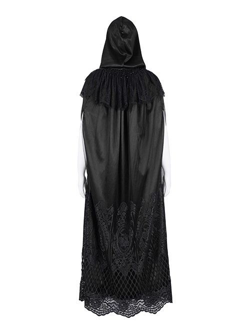 Dark Black Long Lace Mesh Lace With Hollow Mesh Hem Punk Style Cloak