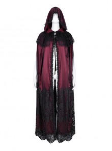 Dark Wine Red Long Lace Mesh Lace With Hollow Mesh Hem Punk Style Cloak