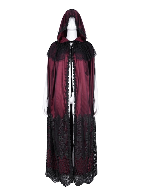 Dark Wine Red Long Lace Mesh Lace With Hollow Mesh Hem Punk Style Cloak