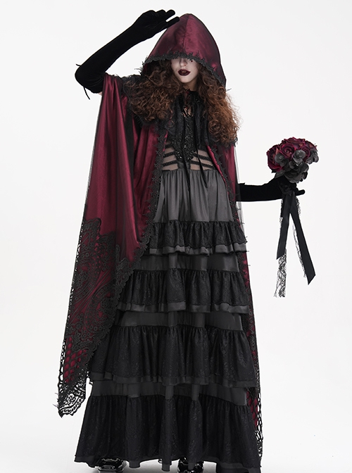Dark Wine Red Long Lace Mesh Lace With Hollow Mesh Hem Punk Style Cloak