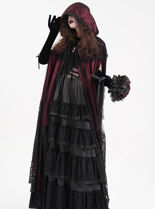 Dark Wine Red Long Lace Mesh Lace With Hollow Mesh Hem Punk Style Cloak