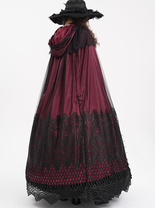 Dark Wine Red Long Lace Mesh Lace With Hollow Mesh Hem Punk Style Cloak