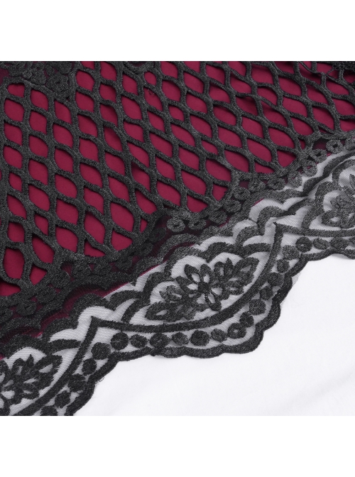 Dark Wine Red Long Lace Mesh Lace With Hollow Mesh Hem Punk Style Cloak