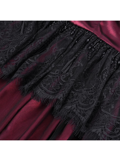 Dark Wine Red Long Lace Mesh Lace With Hollow Mesh Hem Punk Style Cloak