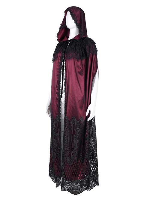 Dark Wine Red Long Lace Mesh Lace With Hollow Mesh Hem Punk Style Cloak