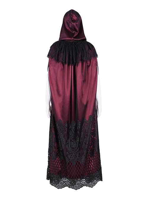 Dark Wine Red Long Lace Mesh Lace With Hollow Mesh Hem Punk Style Cloak