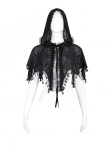 Personalized Black Slightly Transparent Spider Web Pattern With Exquisite Floral Lace Gothic Style Fashion Hooded Short Cloak