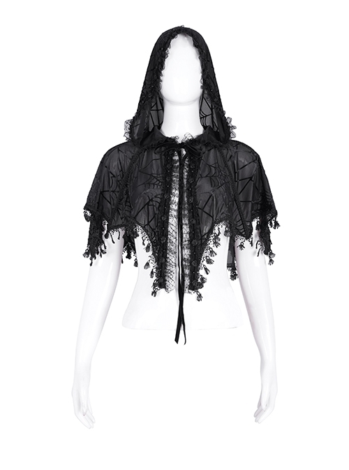 Personalized Black Slightly Transparent Spider Web Pattern With Exquisite Floral Lace Gothic Style Fashion Hooded Short Cloak