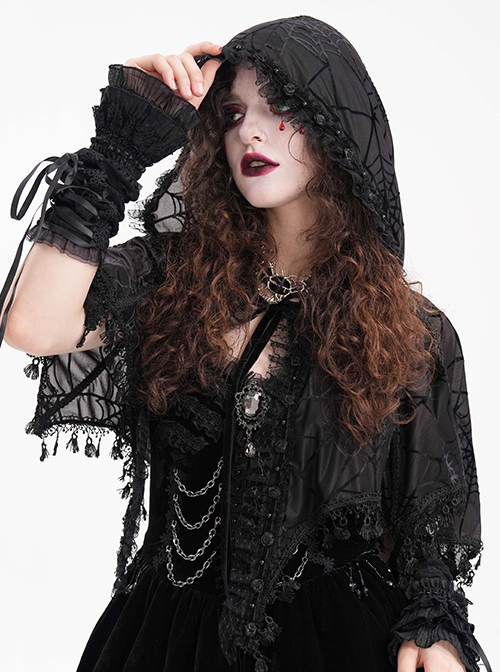 Personalized Black Slightly Transparent Spider Web Pattern With Exquisite Floral Lace Gothic Style Fashion Hooded Short Cloak