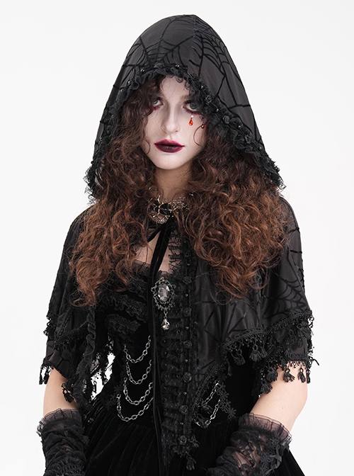 Personalized Black Slightly Transparent Spider Web Pattern With Exquisite Floral Lace Gothic Style Fashion Hooded Short Cloak