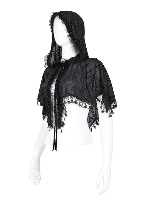 Personalized Black Slightly Transparent Spider Web Pattern With Exquisite Floral Lace Gothic Style Fashion Hooded Short Cloak