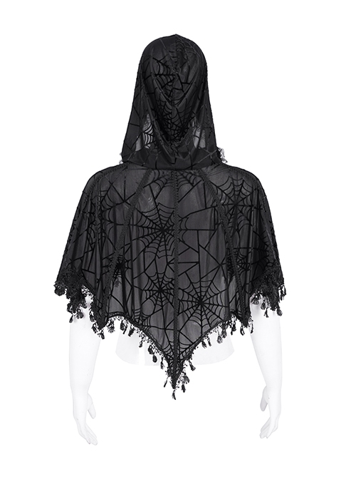 Personalized Black Slightly Transparent Spider Web Pattern With Exquisite Floral Lace Gothic Style Fashion Hooded Short Cloak