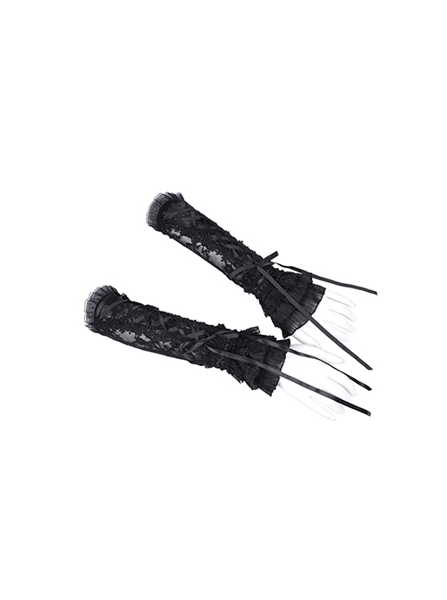 Black Sexy Pleated Lace Gothic Style Drawstring Gloves