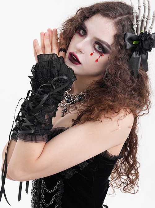 Black Sexy Pleated Lace Gothic Style Drawstring Gloves