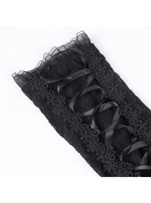 Black Sexy Pleated Lace Gothic Style Drawstring Gloves