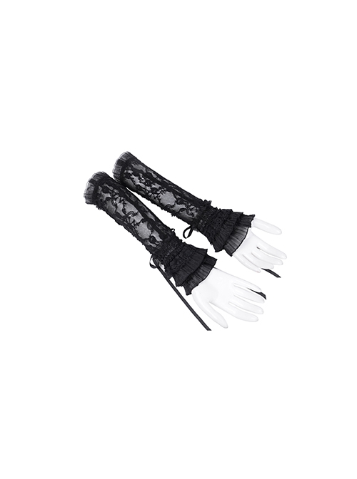 Black Sexy Pleated Lace Gothic Style Drawstring Gloves