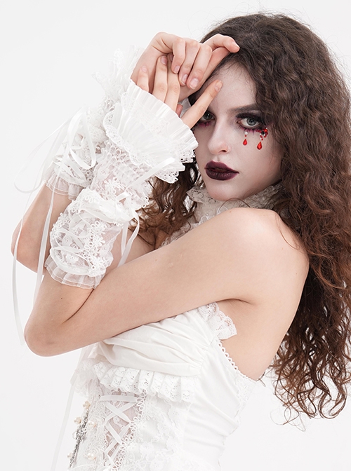 White Sexy Pleated Lace Gothic Style Drawstring Gloves
