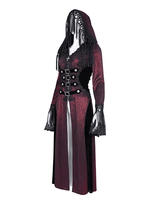 Personalized Wine Red Tassel Pendant With Exquisite Japanese Buckle Back Tie Rope Design Gothic Style Hooded Long Sleeved Jacket