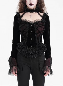 Sexy Black Woven With Delicate Lace Front Center Tie Pleated Hem Design Gothic Style Low Cut Long Sleeved Top