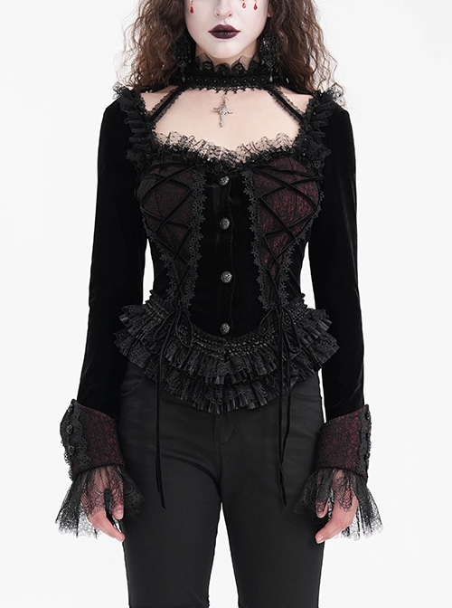 Sexy Black Woven With Delicate Lace Front Center Tie Pleated Hem Design Gothic Style Low Cut Long Sleeved Top