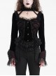 Sexy Black Woven With Delicate Lace Front Center Tie Pleated Hem Design Gothic Style Low Cut Long Sleeved Top