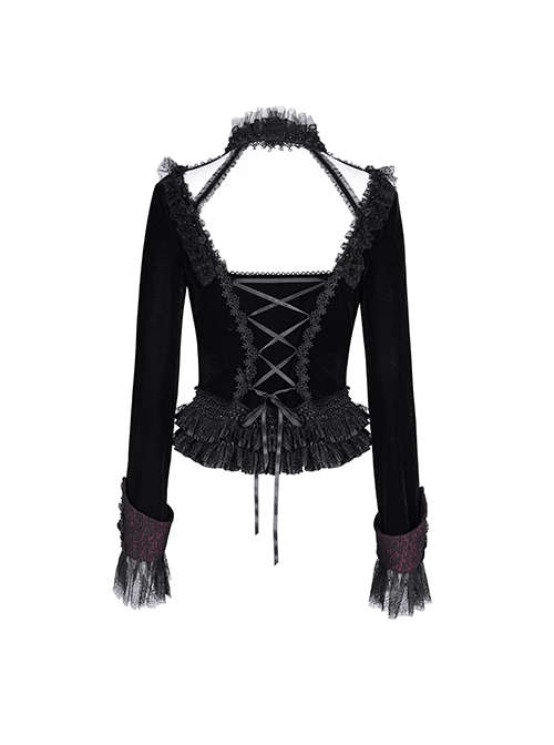 Sexy Black Woven With Delicate Lace Front Center Tie Pleated Hem Design Gothic Style Low Cut Long Sleeved Top